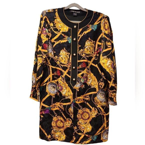 PATRICK 90s Silk Statement Buckle Design Dress Black & Gold Equestrian Glam | 12 - Picture 4 of 14